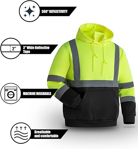 Miniatura 3 de Ubon Hi Vis - Sudaderas con capucha para hombre, alta visibilidad, reflectantes, de seguridad, ropa de trabajo, trabajo, parte inferior negra