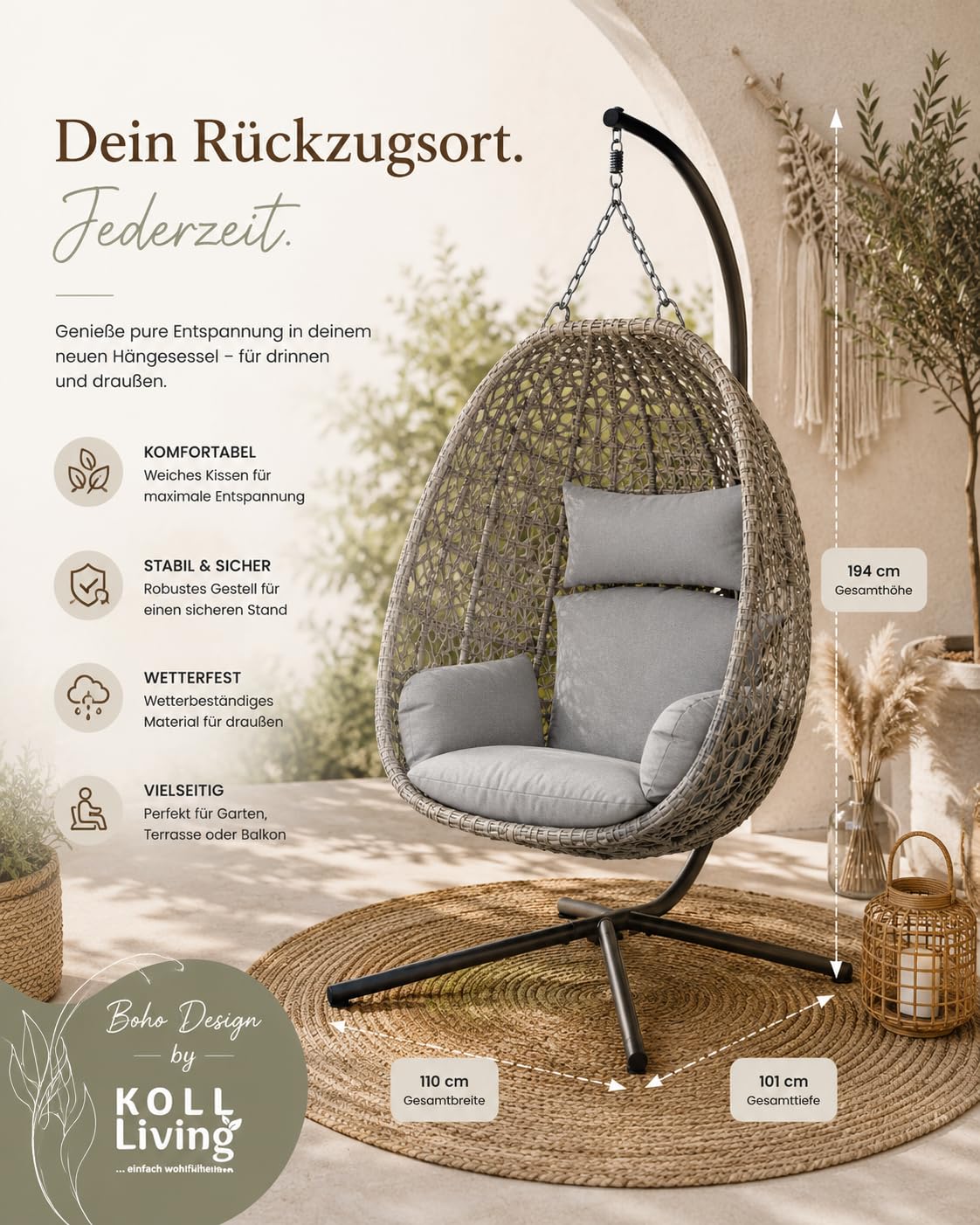 Koll Living Outdoor Hängesessel Luna | Rattanoptik Beige/Grau | Wetterfester Gartensessel mit Stahlgestell & Komfortkissen | UV-beständig & wasserabweisend | 95 x 103 x 197 cm