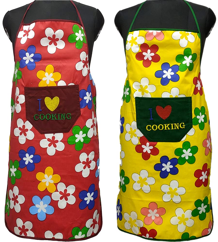 BHD CREATIONS Floral Print Polyester Fabric Waterproof Apron for Women For Kitchen Hotel Restaurant Pack of 2