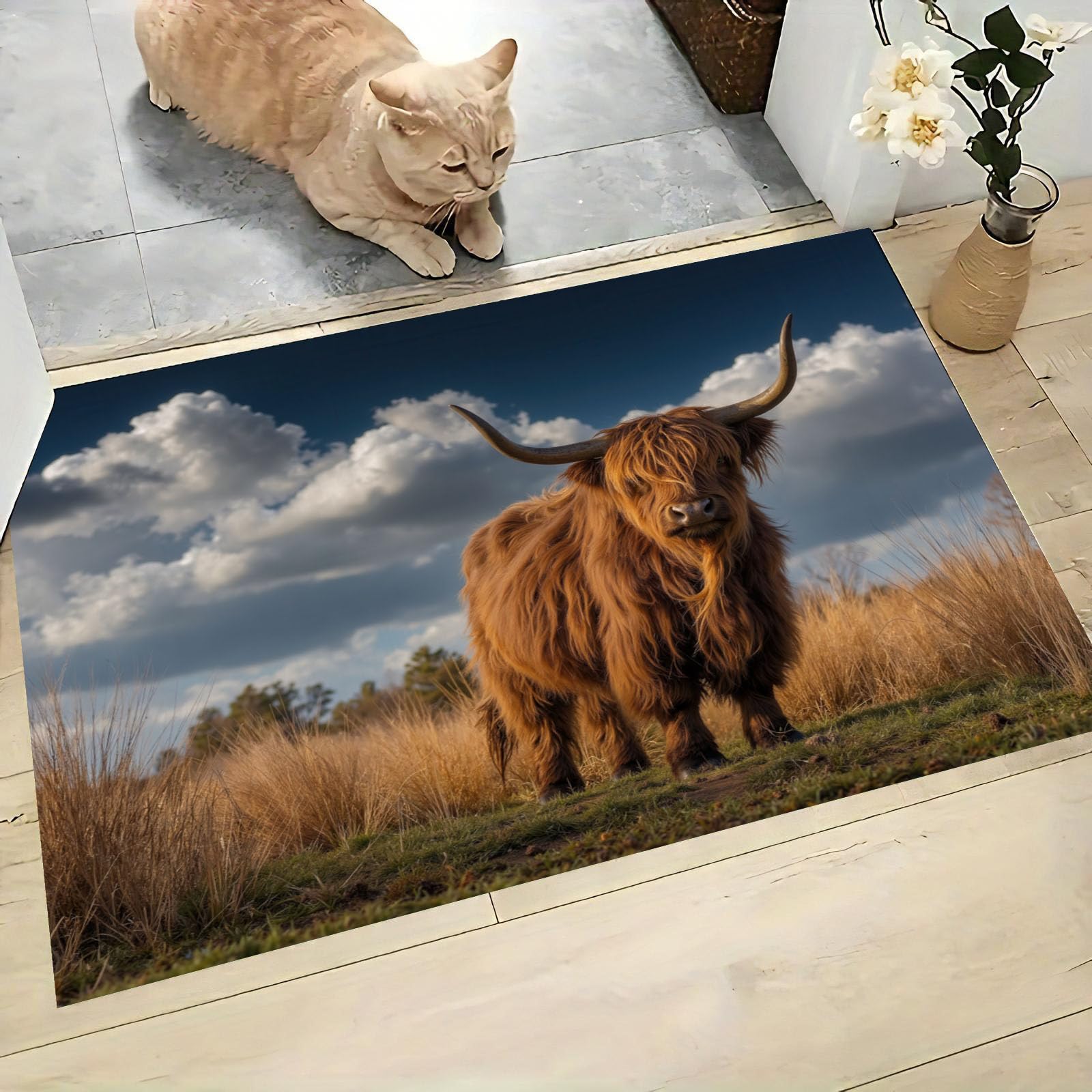 Paillasson Highland 90x150 cm bleu et brun tapis de porte intérieur poil ras doux