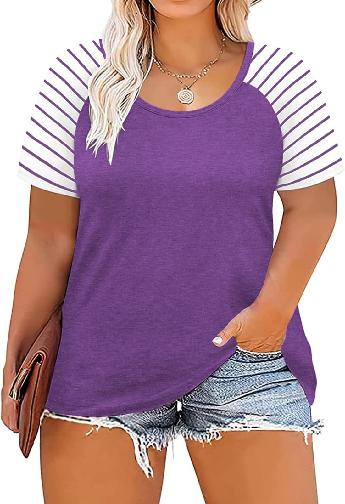 DOLNINE Women's Plus Size Tops Striped Raglan Tee Shirts Casual Tunics Blouses
