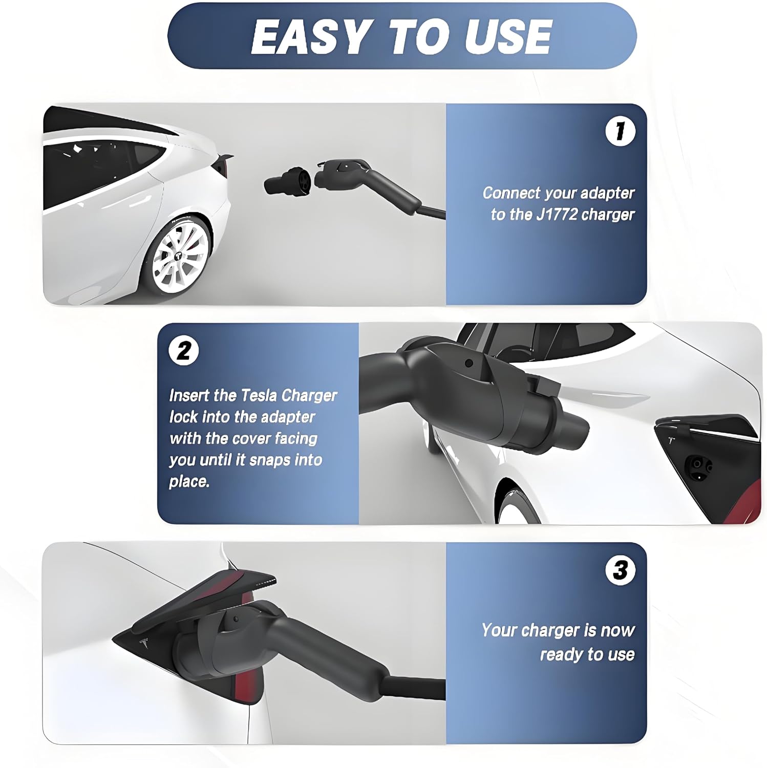 J1772 Charging Adapter for Tesla Model 3, Y, S, X, and Cybertruck, 80A/240V, Safety Certified, Optimal Fit, Easy Setup (Note: for Tesla Vehicles Only)
