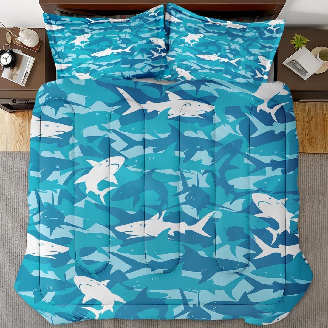 Blue Shark Fish Full Comforter Set, Ocean Surf Camouflage Bedding Set 3 Piece, All Season Soft Toddlers Children Adults Bedroom Bed Decoration Comforter and 2 Pillow Shams - Image 7