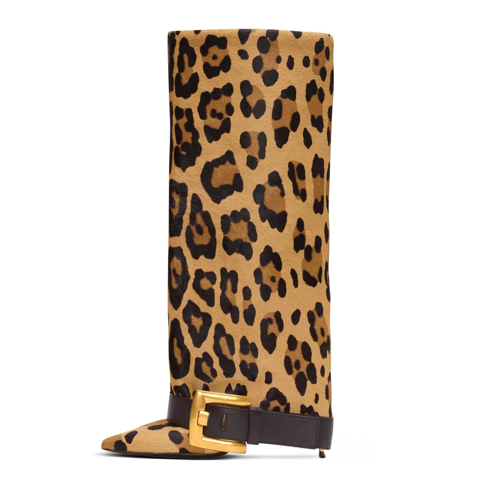 Fold Over Boots for Women Heeled Knee High Leather Boots with 4-Inch Stiletto Heel Wide Calf Shark Boots