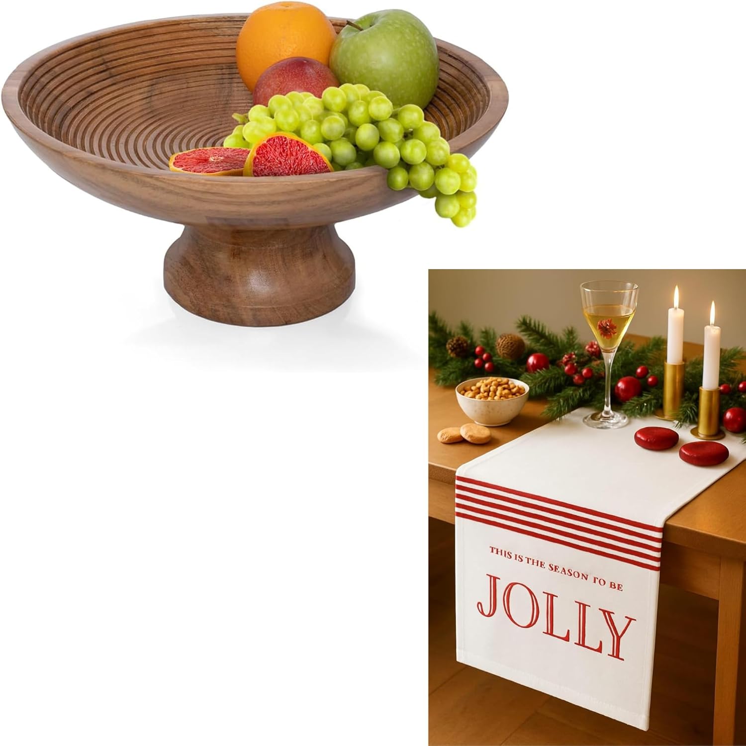 Folkulture Wooden Fruit Bowl & Table Runner Combo