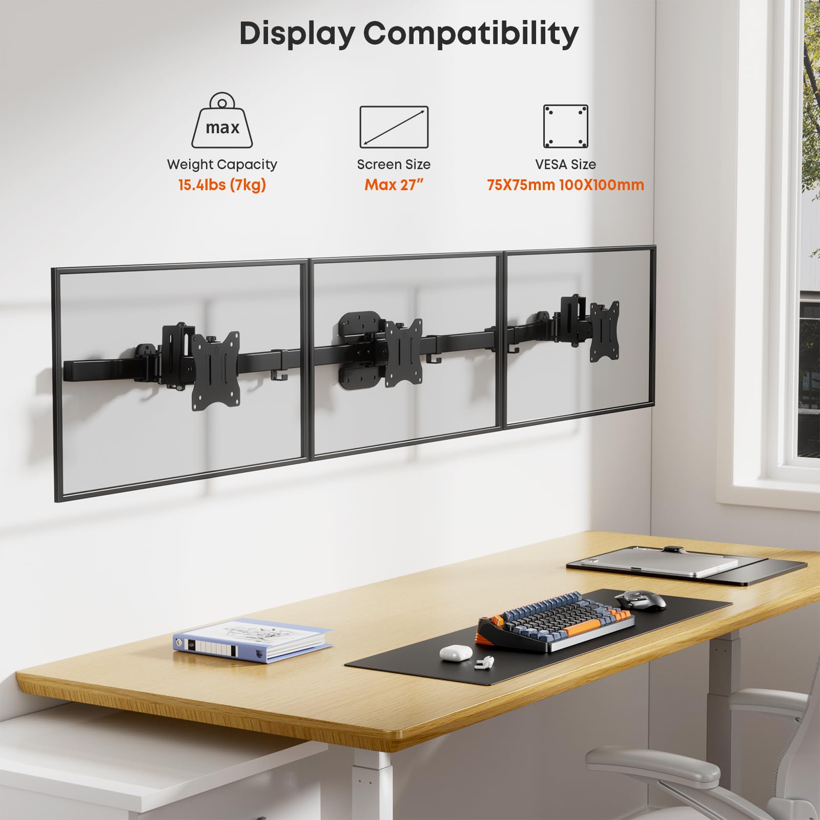 PUTORSEN Supporto a Muro per 3 Monitor 17"-27", Braccio Triplo per Monitor Regolabile, Rotazione Inclinazione Snodo, Gestione Cavi, VESA 75/100 mm, Carico Max 7kg (15.4lbs) per Schermo, Nero