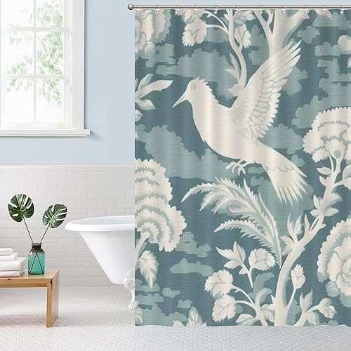 Miniatura 83 de Cortinas de ducha de baño con ganchos, 72 x 92 pulgadas, cortina de ducha de tela impermeable con diseño de flores y pájaros, cortina de ducha