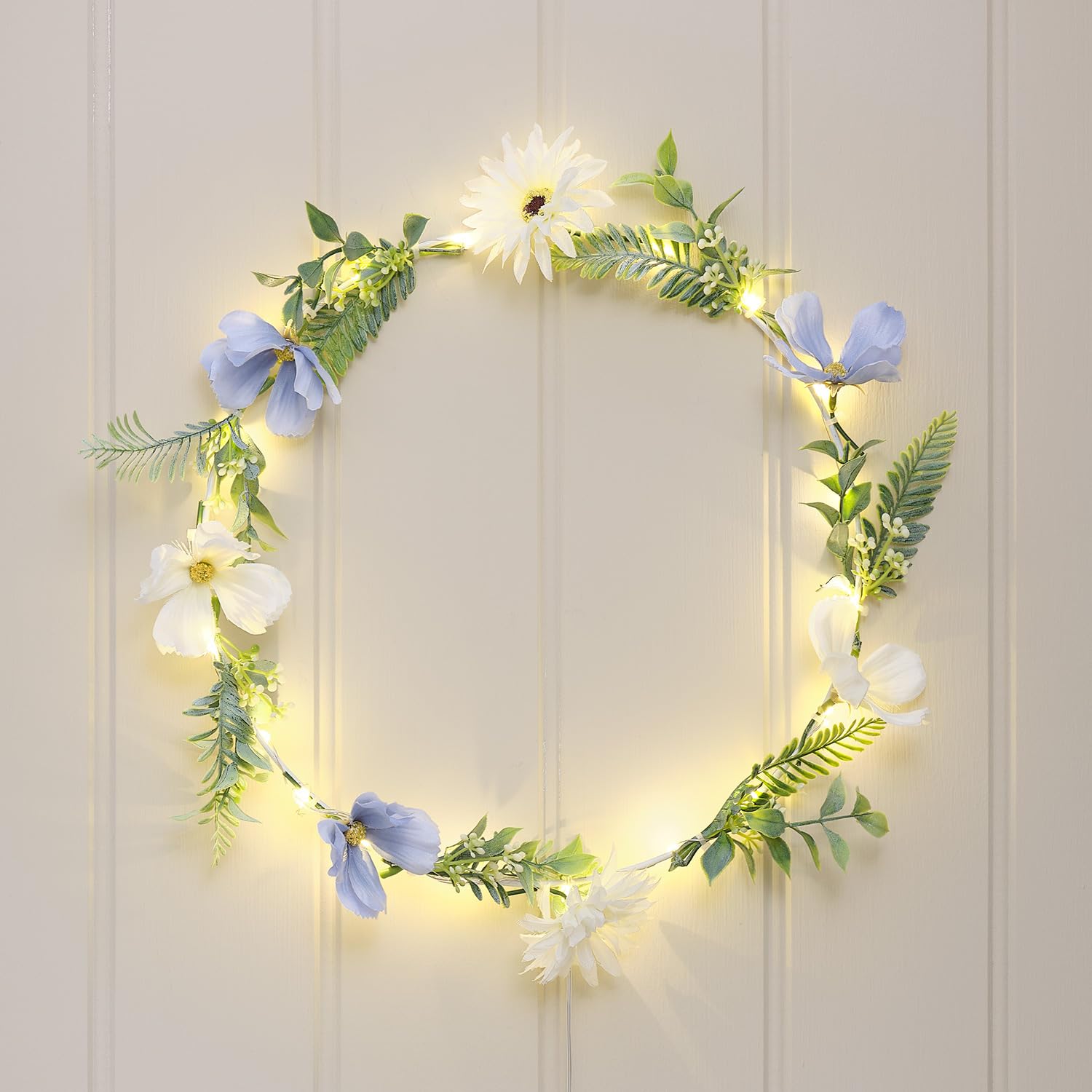 Lights4fun Multicolor Pre Lit Blue And White Bloom Wreath With Warm White Micro Led Lights, Artificial Floral Door Wreath For Spring & Summer Home Décor