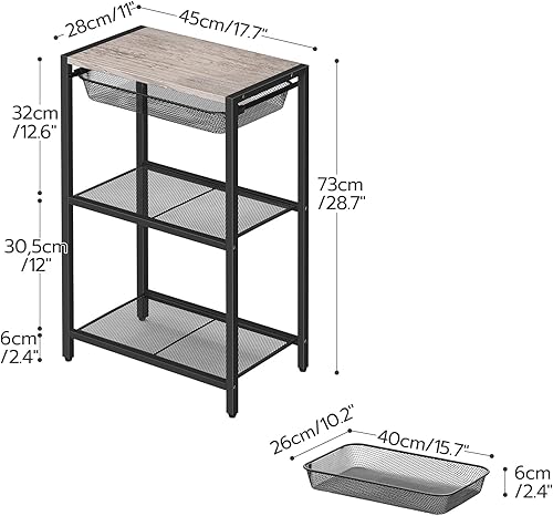 Miniatura 3 de Mesa auxiliar de 28.7 pulgadas de alto, mesa auxiliar de teléfono industrial de 3 niveles con cesta de malla metálica ajustable, mesa auxiliar de