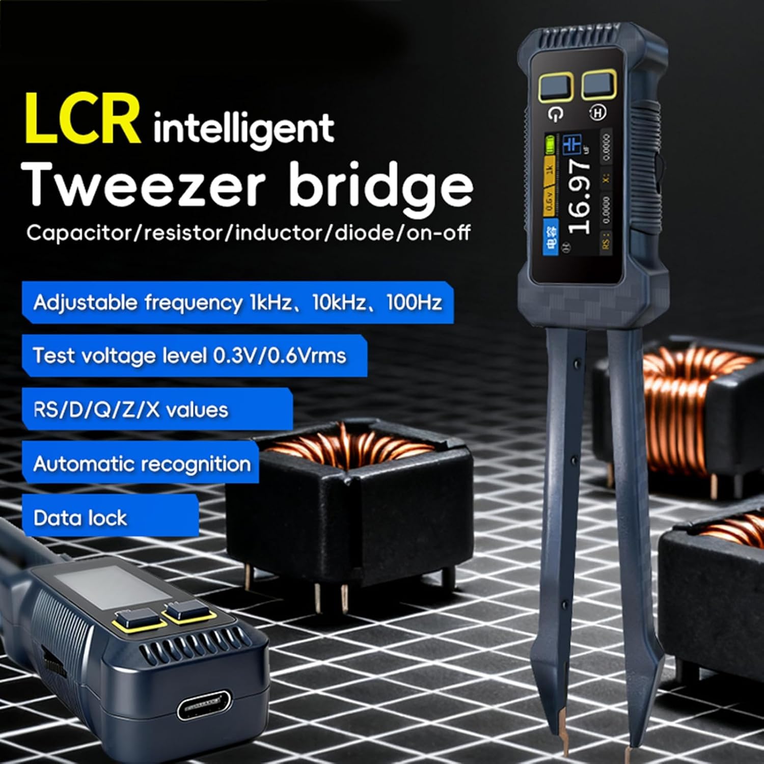 GOWENIC Digital SMD Tester, 10KHz Handheld Multimeter Tweezer Resistance Capacitance Tester Intelligent Diode Continuity Resistor Capacitor Inductor Analyzer for Engineer Technician