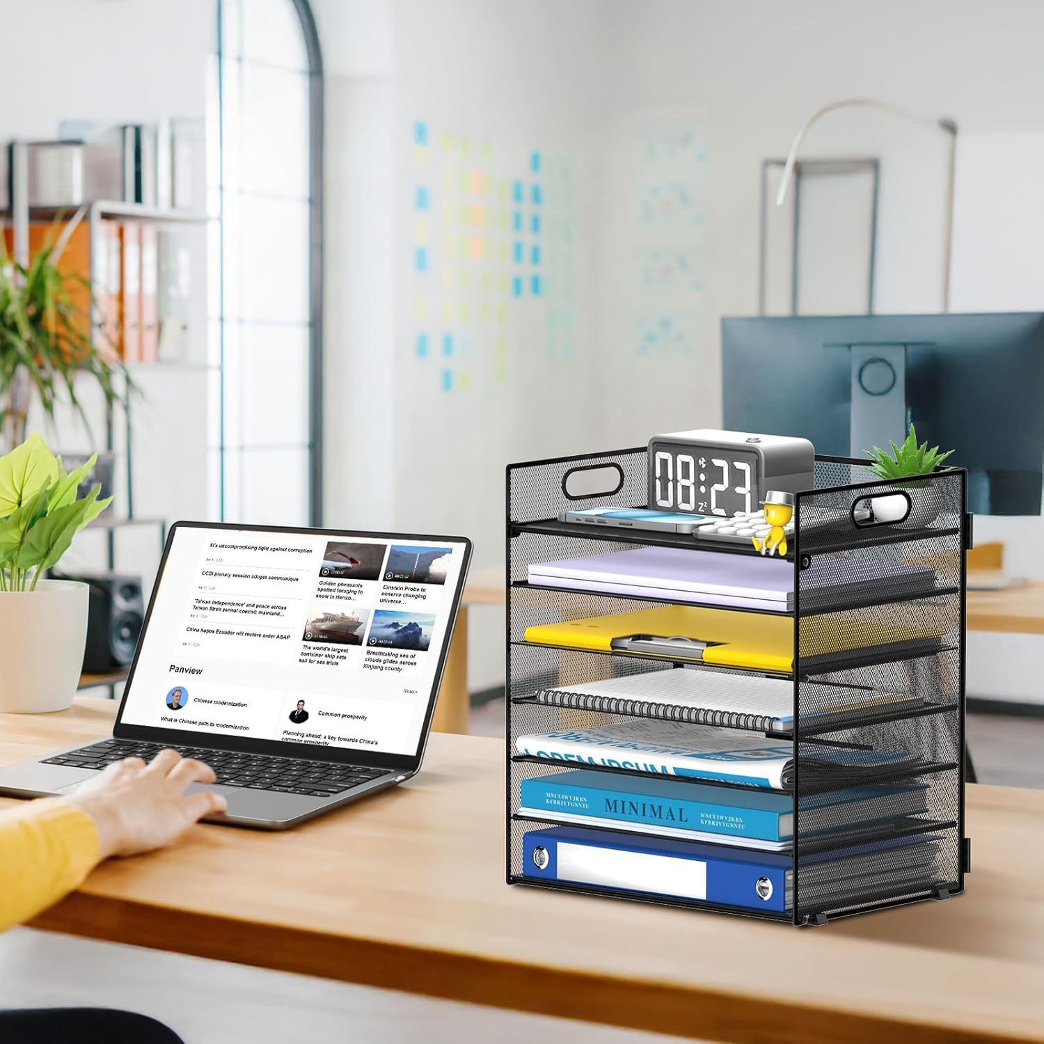 Lot de 2 organiseurs de papier à 7 niveaux – Porte-documents de bureau en maille avec poignées pour bureau, école, bureau – Noir