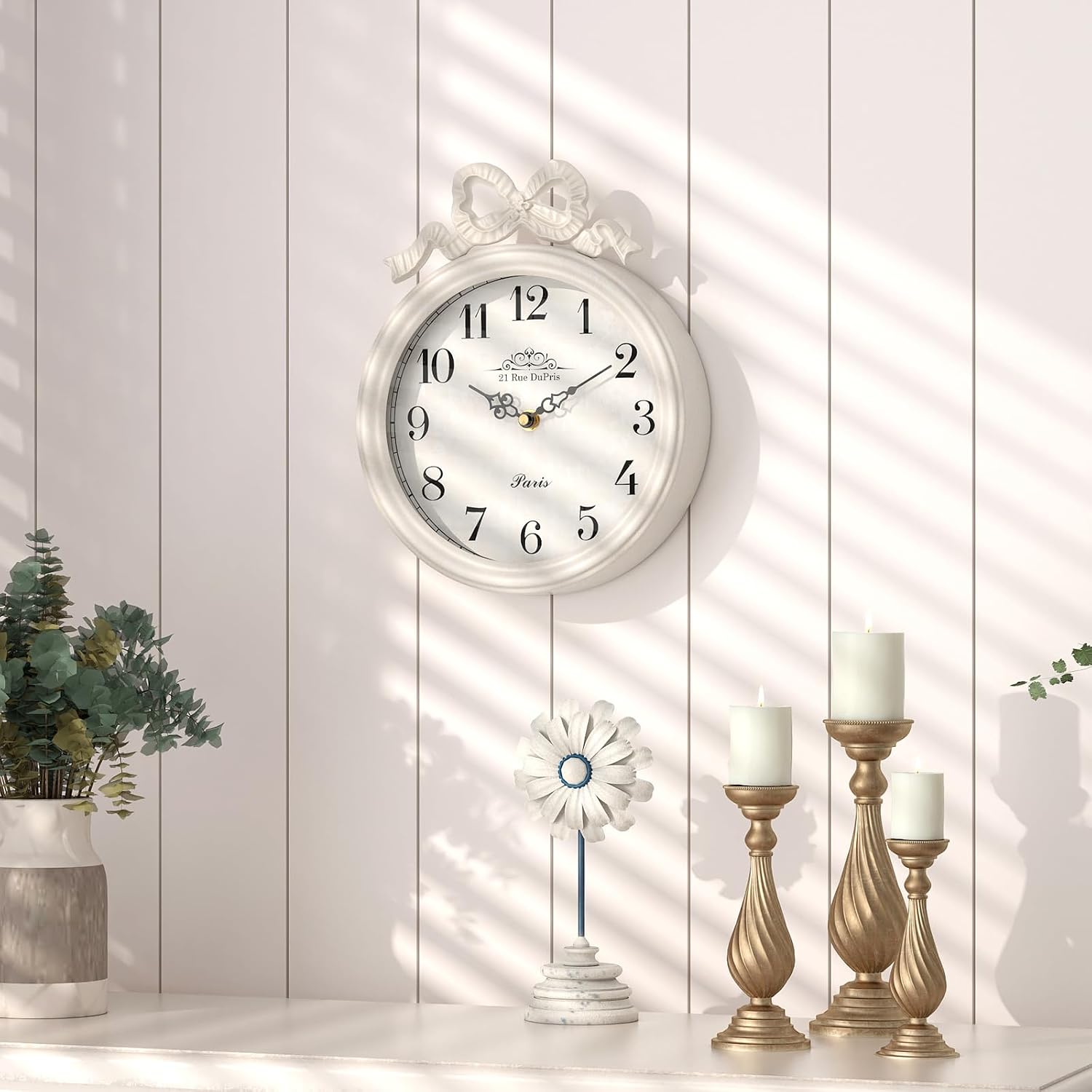 French Small Wall Clock with Bow, Vintage Ivory White Boho Style