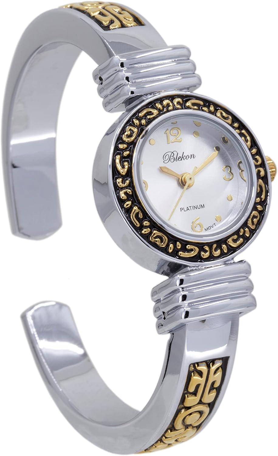 Blekon Collections Japanese Quartz Unique Designed Bezel 23mm Case Metal Solid Cuff Bangle Watch (Two-Tone)