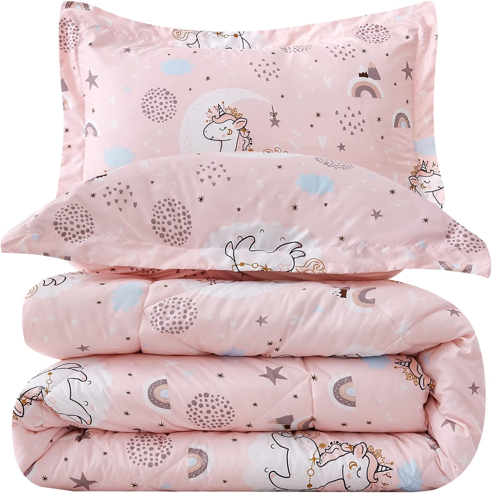 Pink Unicorn Kids Comforter Set Twin Size, 2 Piece Girls Rainbow Microfiber Comforter with Pillow Sham, Lightweight All Season Washable