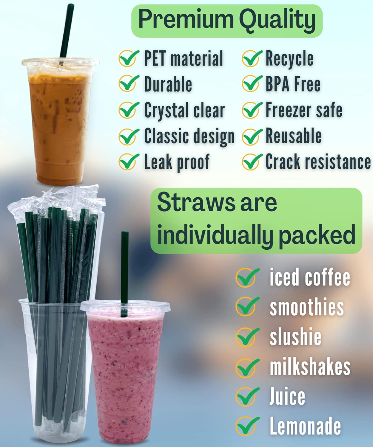 [50 SETS] 24 oz Clear Plastic Cups with Lids and STRAWS, Disposable Iced Coffee cups with Lids, Clear Cups with Lids for Cold Drinks, Iced Tea, Milkshakes, Smoothies - Image 2
