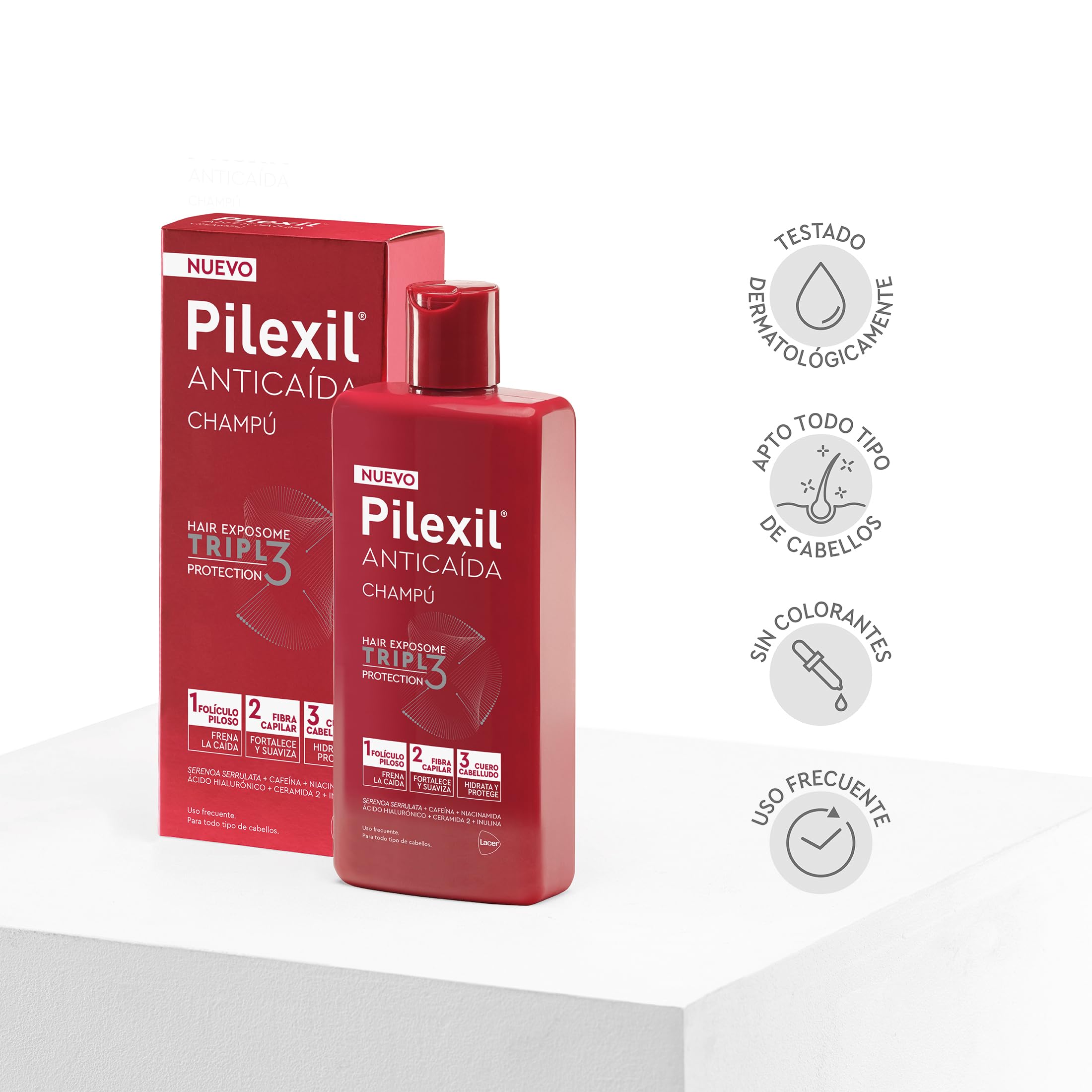 PILEXIL - Champú Anticaída Triple Protection 450 ml - Frena la Caída del Cabello, Fortalece y Suaviza la Fibra Capilar e Hidrata y Protege el Cuero Cabelludo - Para Hombres y Mujeres