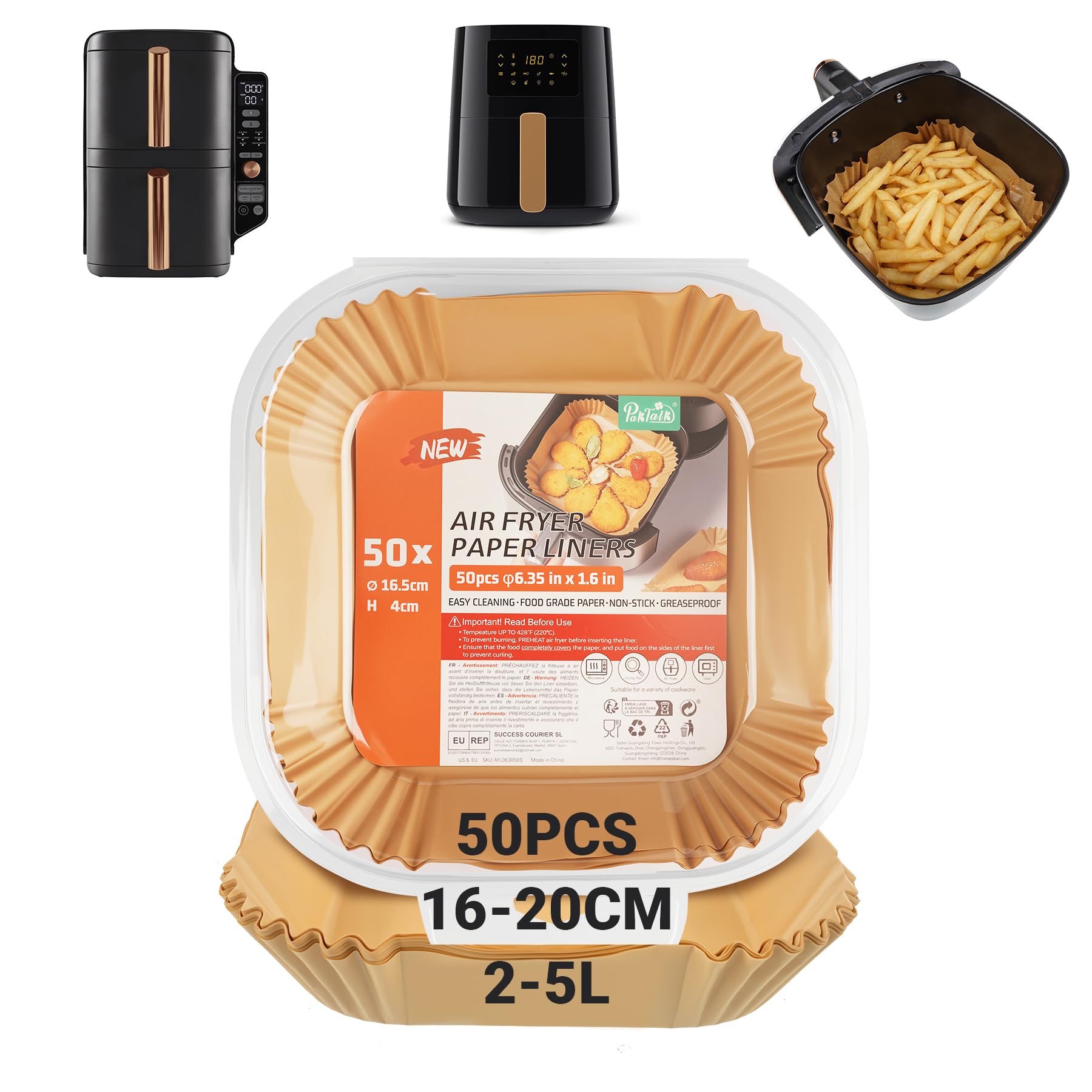 50 Piezas de Papel Cuadrado para Freidora de Aire (16-20 cm) - Impermeable y Resistente al Aceite, Compatible con 2-5 L COSORI, Cecotec y Más