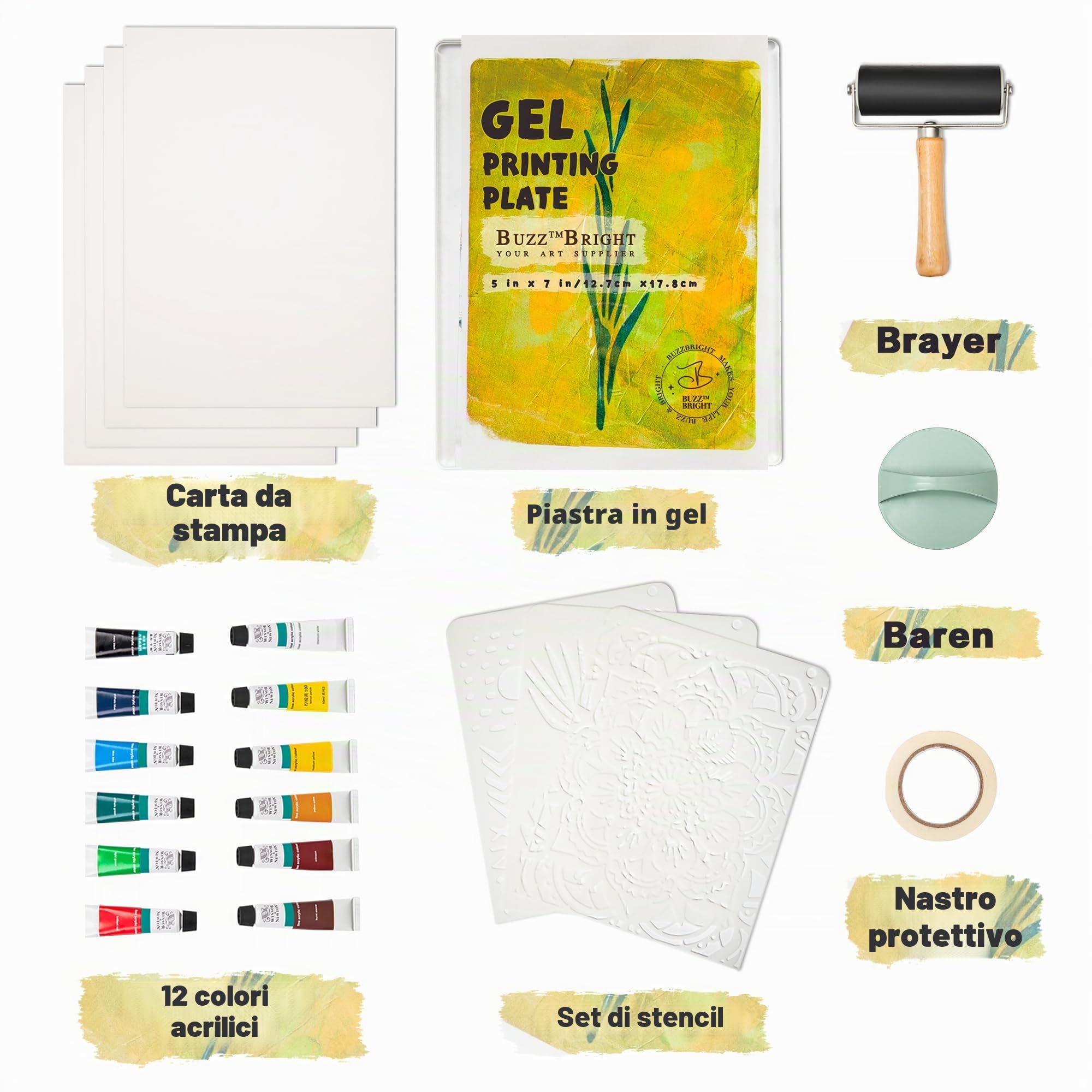 BuzzBright Kit di piastre per stampa in gel, set completo con piastra di gelatina da 12,7 x 17,8 cm, Brayer, carta da stampa e vernice acrilica