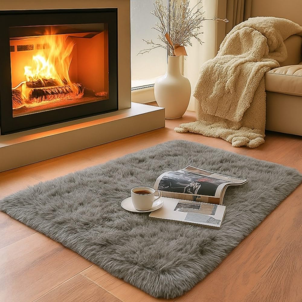 Harmon Wandyer Fluffy Shaggy Rugs Living Room, Anti Slip Carpet - Grey Area Rugs for Bedroom Modern Ultra Soft Runner Rug Thick Pile Carpet for Nursery, Office, Lounge Home Decor (Grey, 60 x 110 cm)