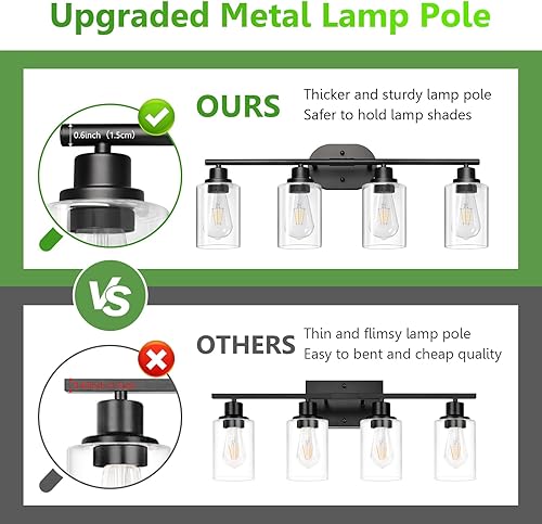 Miniatura 5 de Ascher Lámparas de baño de 4 luces, modernas luces de tocador con pantalla de vidrio transparente, lámpara de pared negra mate para espejo de baño,