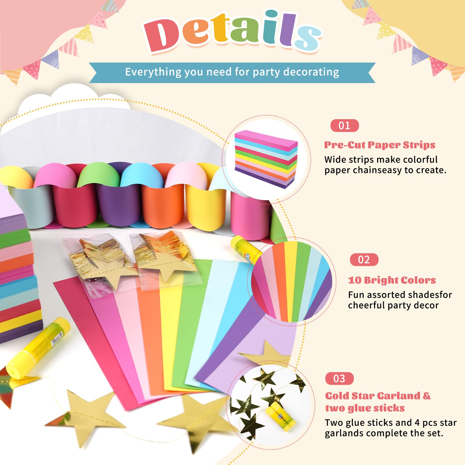 Kit per ghirlanda di carta, 500 pezzi, 10 colori vivaci | Catena di carta fai da te per aula casa, compleanno, matrimonio, festival, decorazione per feste (500, 2,36 x 21,6 cm)