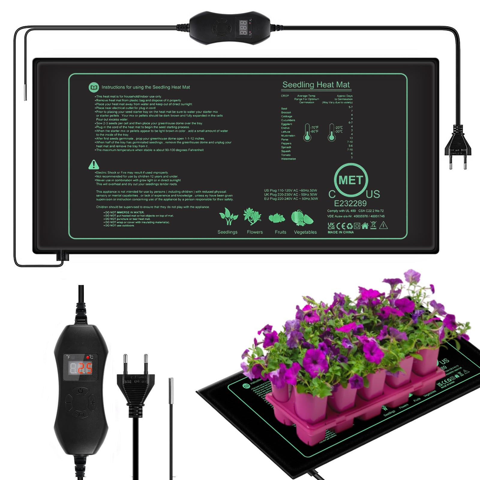 Estera TéRmica para Plantas con Termostato, 50W Alfombrilla Térmica para Plántulas, Acelera Germinación, Ignífugo, IP67 Impermeable, para Mascotas, Reptiles, Plántulas, 54 x 26 cm