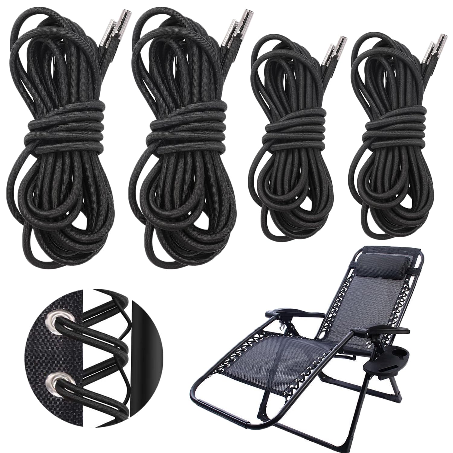 FUBESK Kit Riparazione Corde Elastiche Per Sedia A Gravità Zero – 4 Pezzi (2 Lunghi + 2 Corti) – Ricambio Universale Per Sdraio Da Giardino