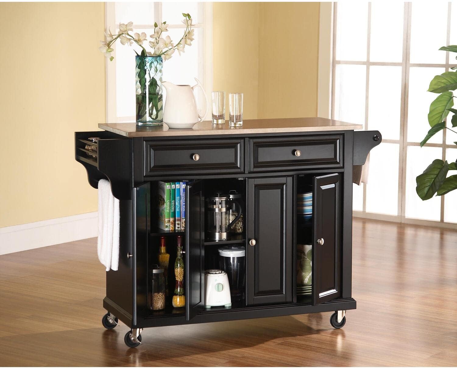 HomeStock Kitchen Cart with Stainless Steel Top & Shelves - Mobile Island Storage Black/Stainless Steel Top