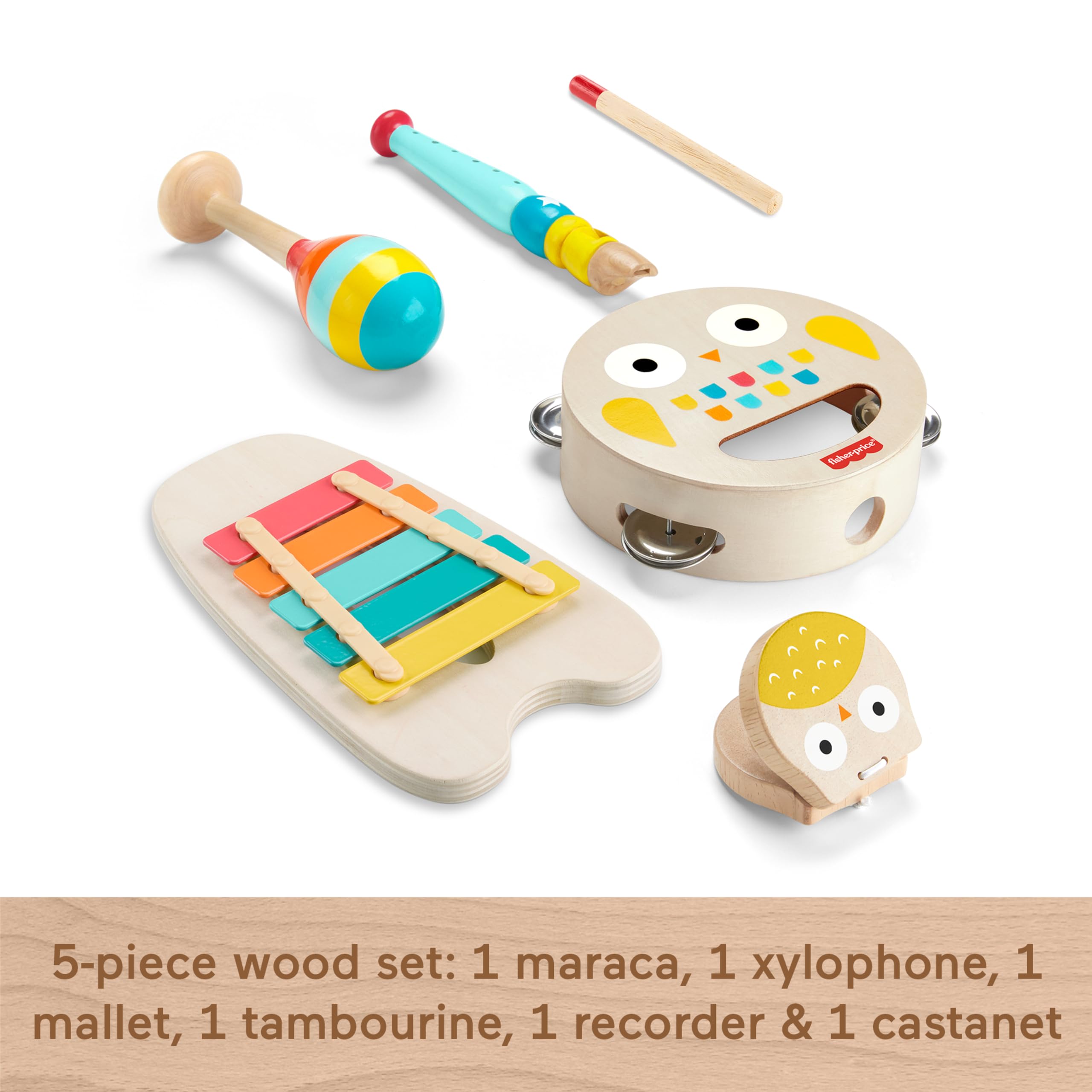 Fisher-Price Drewniane instrumenty Zestaw prezentowy z 6 drewnianymi elementami dla dzieci od 2 roku życia, HXT90