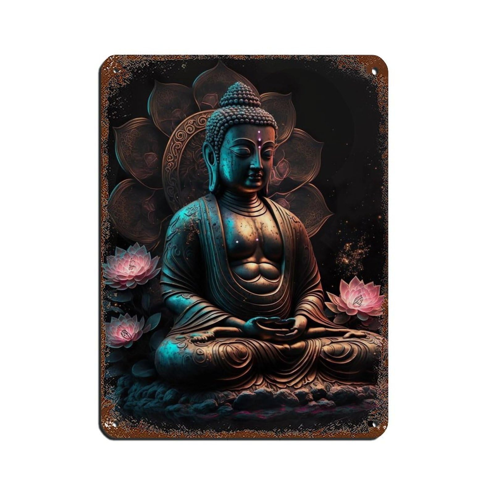 Enlightened Buddha with Lotus Flowers – Sacred Zen Retro Poster Metal Tin Sign Chic Art Retro Iron Painting Bar People Cave Cafe Family Garage Poster Wall Decoration 12x16inch(30x40cm)