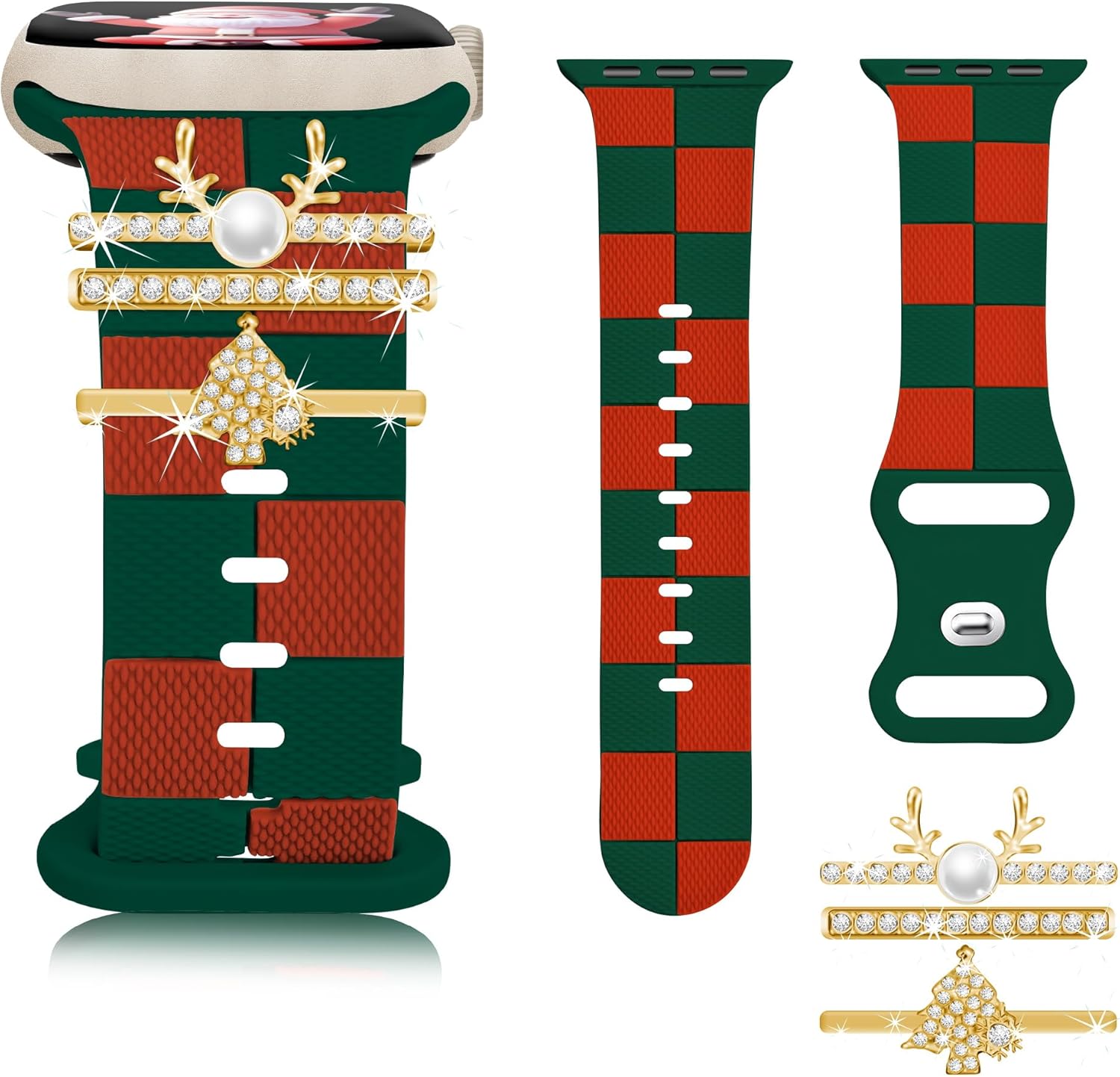Silicone Strap for Apple Watch Bands 40/41/38mm, Stylish Checkered Bracelet with Christmas Tree Charm for iWatch Series 10(42mm) 9 8 7 6 5 4 3 SE, Designer Sport Wristband for Apple Watch Bands Women Silicone Strap for Apple Watch Bands 40/41/38mm, Stylish Checkered Bracelet with Christmas Tree Charm for iWatch Series 10(42mm) 9 8 7 6 5 4 3 SE, Designer Sport Wristband for Apple Watch Bands Women