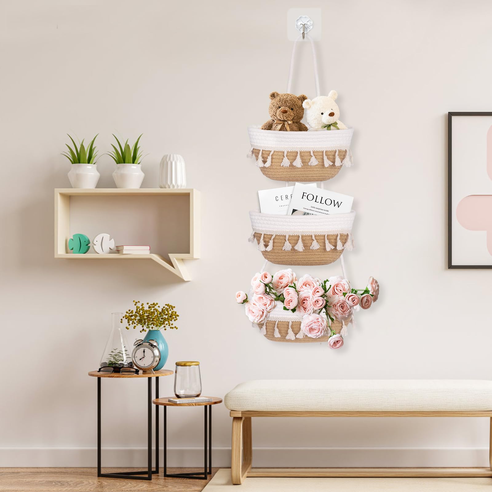 3 Tier Braided Storage Basket for Wall Mounting Living Room Bedroom Bathroom Storage Basket for Hanging Clothes Storage Basket for Indoor Plants Decorative Basket - Image 2
