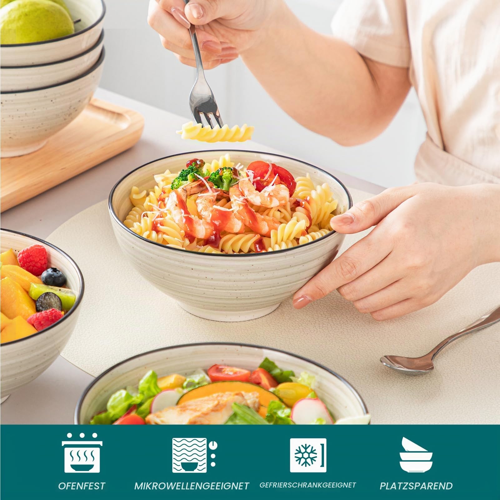 vancasso BONBON Steinzeug-Schüsselset 6-teilig (840 ml, 16,3 x 7,2 cm): Suppen-, Salat-, Pasta- & Müslischalen – Vielseitige Keramikschalen für Küche, Haushalt und Gastronomie, Beige