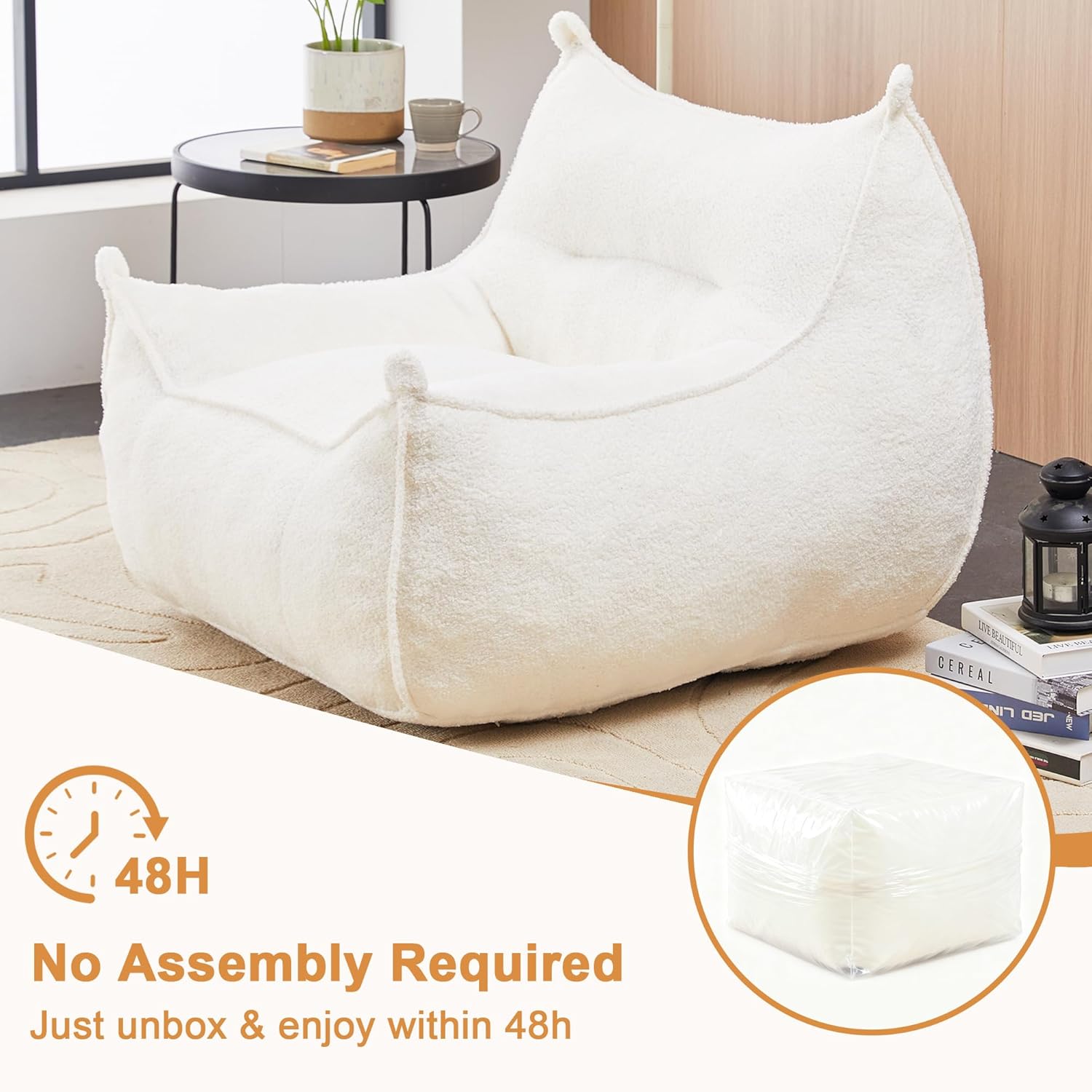 White Bean Bag Chair for Adults & Kids, Ergonomic Big Bean Bag Sofa with Full Body Support, Faux Fur Beanbag Chair, Stuffed Floor Sofa for Living Room, Bedroom, Apartment, White