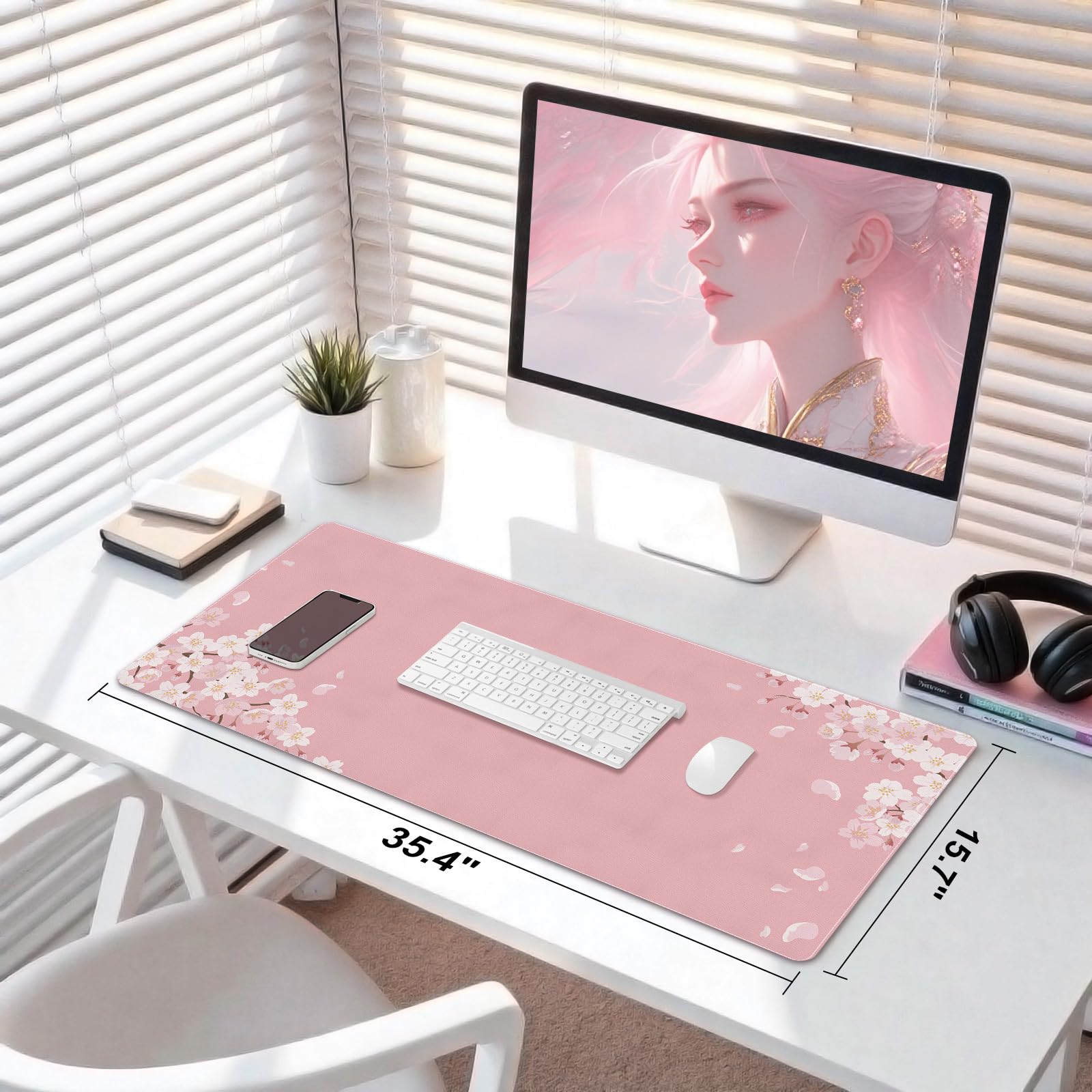 DINKY Large Leather Mouse Pad, Pink Cherry Blossoms Desk Mat for Desktop, Women Girls PVC Leather Waterproof Gaming Desk Protector Writing Pad for School Office Home 35.4" x 15.7"