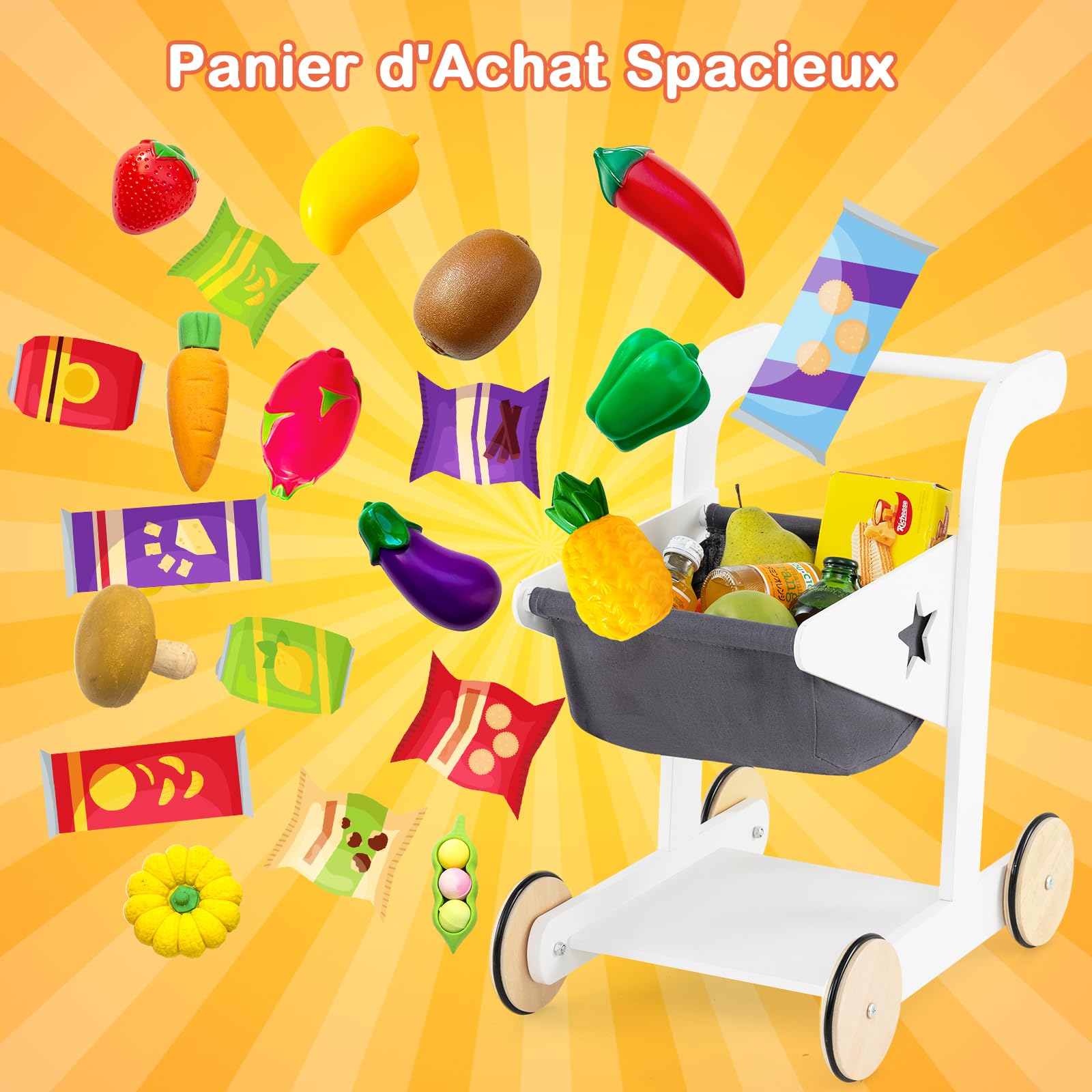 GOPLUS Marchande en Bois Enfant, Supermarché Enfant avec Chariot de Courses, Caisse Enregistreuse, Scanner, Tableau Noir, Grand Rangement, Jouet pour Filles Garçons 3+ Ans