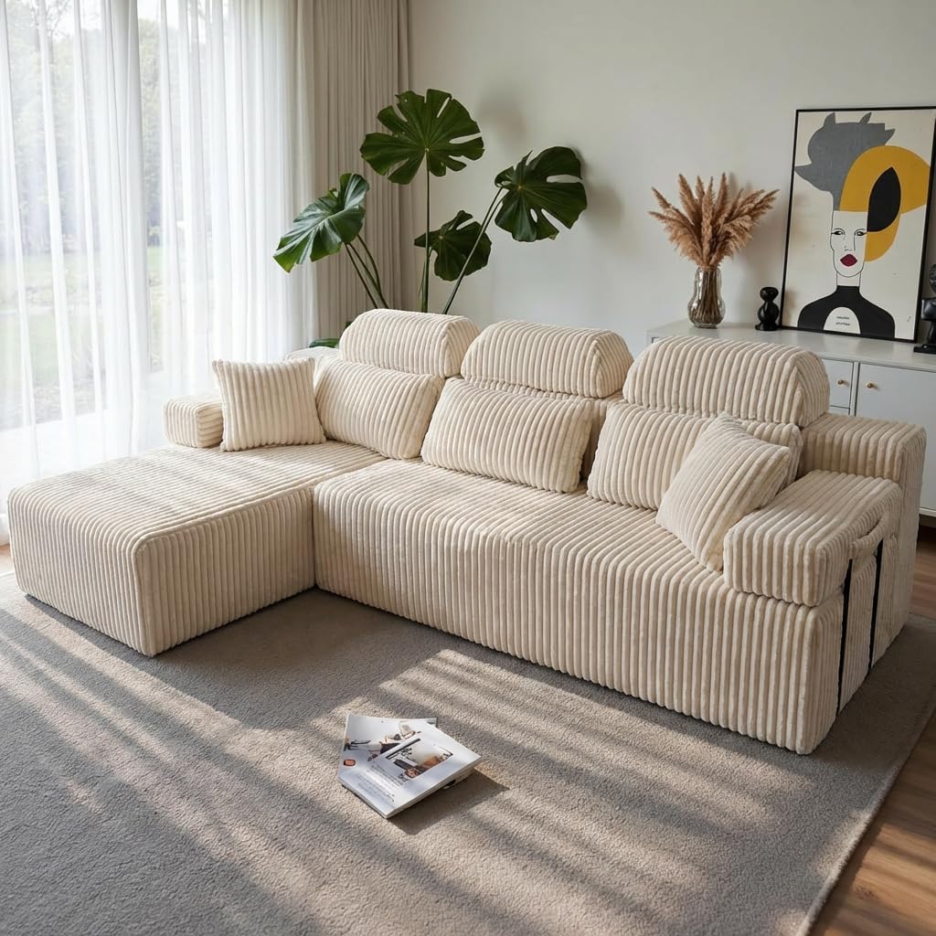 HOMRELEXA 276cm Modulares Ecksofa mit Hoher Rückenlehne, L-Form Schlafsofa aus Cordstoff, 3-Sitzer mit Ottomane Links oder rechts, Boneless Couch für Wohnzimmer, Freistehend, Keine Montage(Weiß)