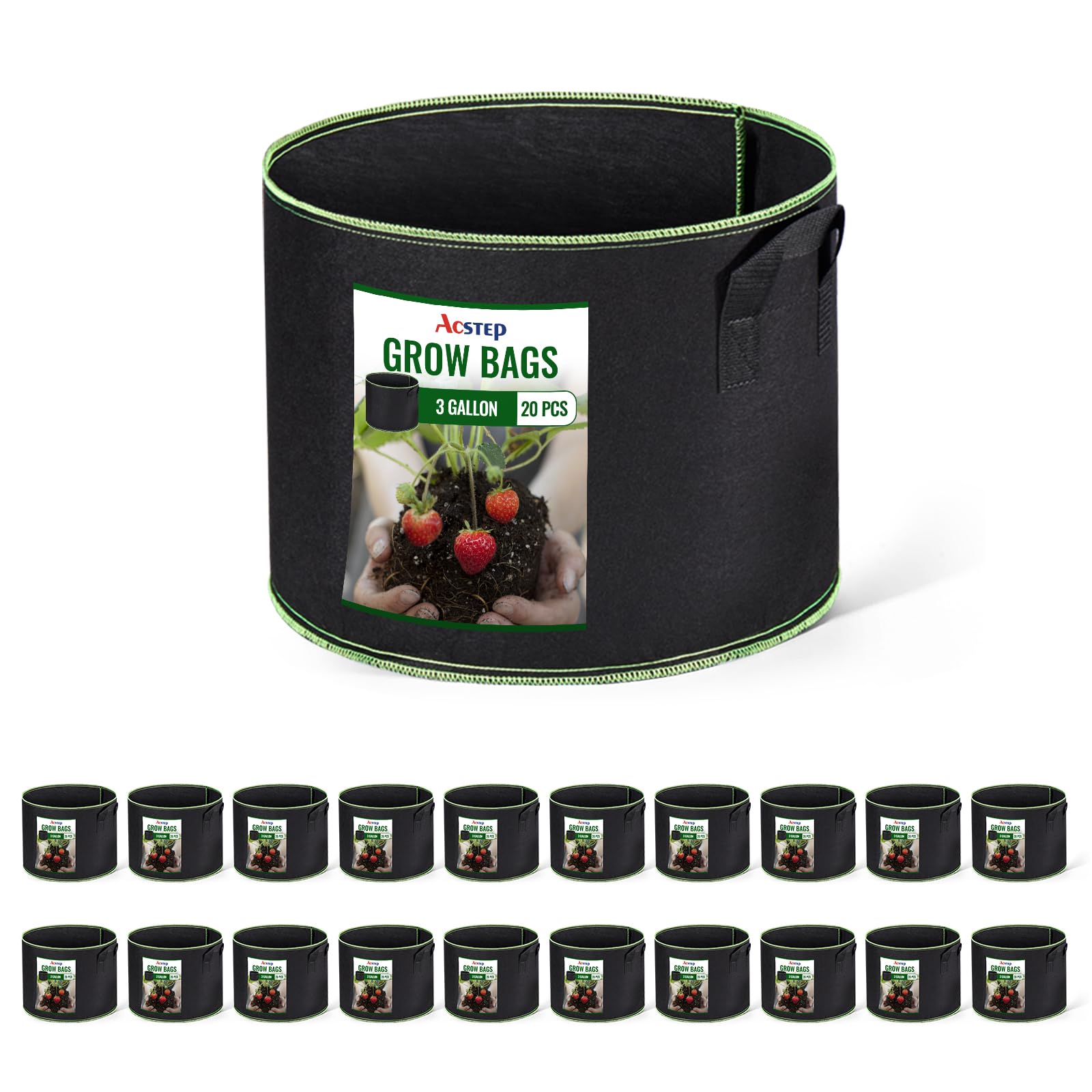 ACSTEPGrow Bags 20-Pack 3 Gallon Heavy Duty Aeration Fabric Pots Thickened Nonwoven Fabric Pots for Planting Outdoor Plants