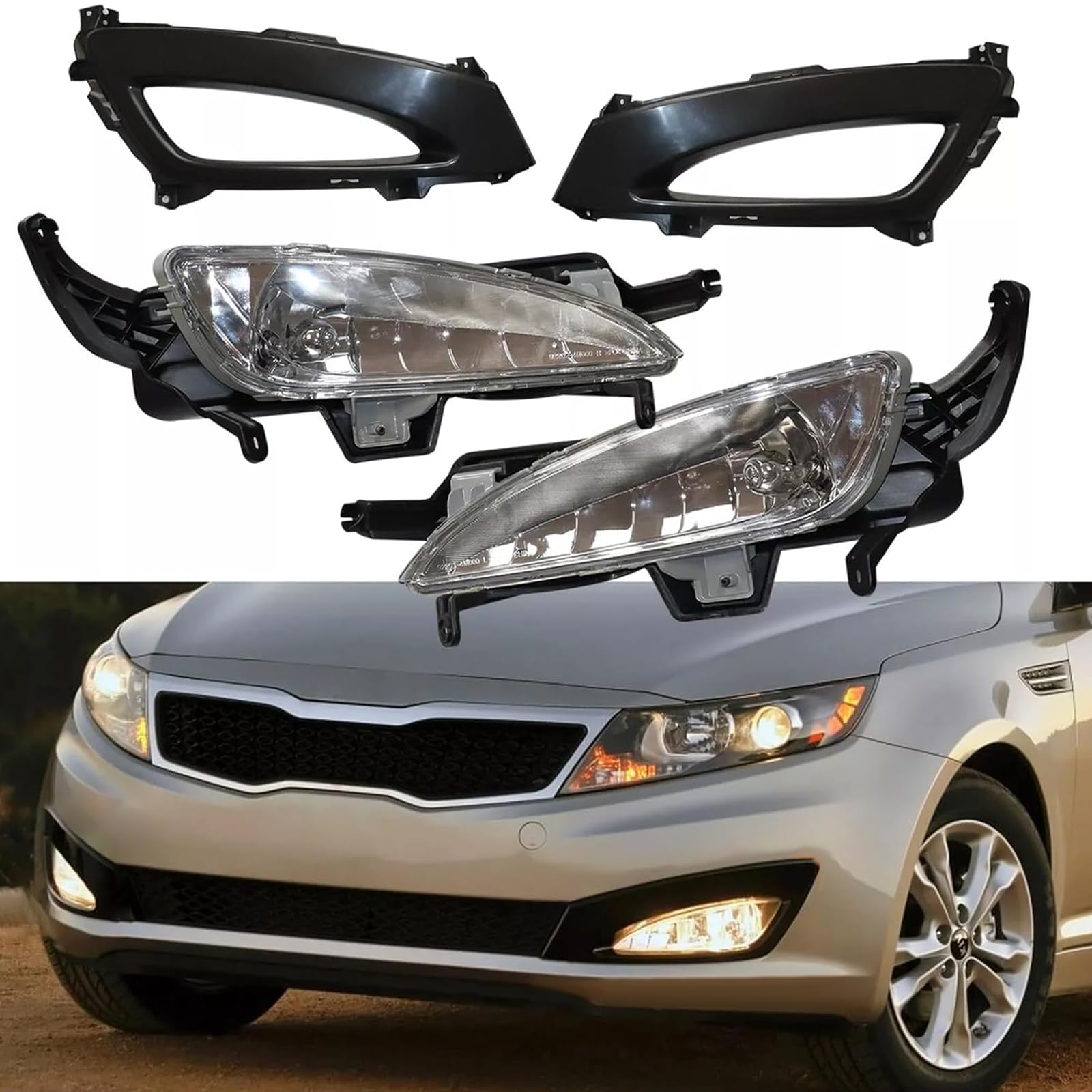 PIAOYUE- For 2011 2012 2013 Kia Optima Fog Lights & Bezels Set - Halogen Front Bumper Lamps, Left + Right 1 Pair, Chrome Housing, Clear Lens (Not for Hybrid)