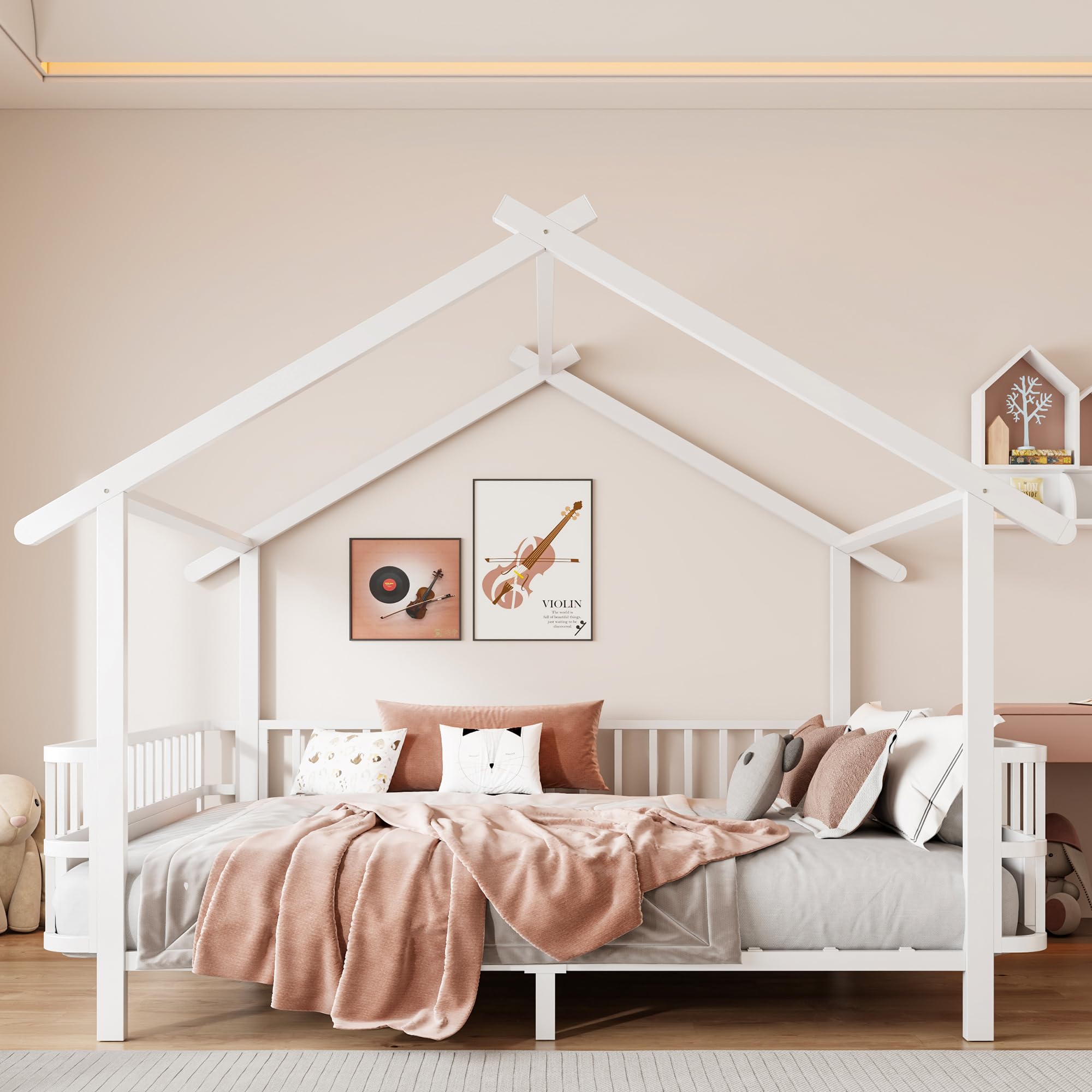 Merax Kinderbett aus Metall in Hausform 140x200 cm mit Sicherheitsgitter & Dachdesign – Weiß (Ohne Matratze)