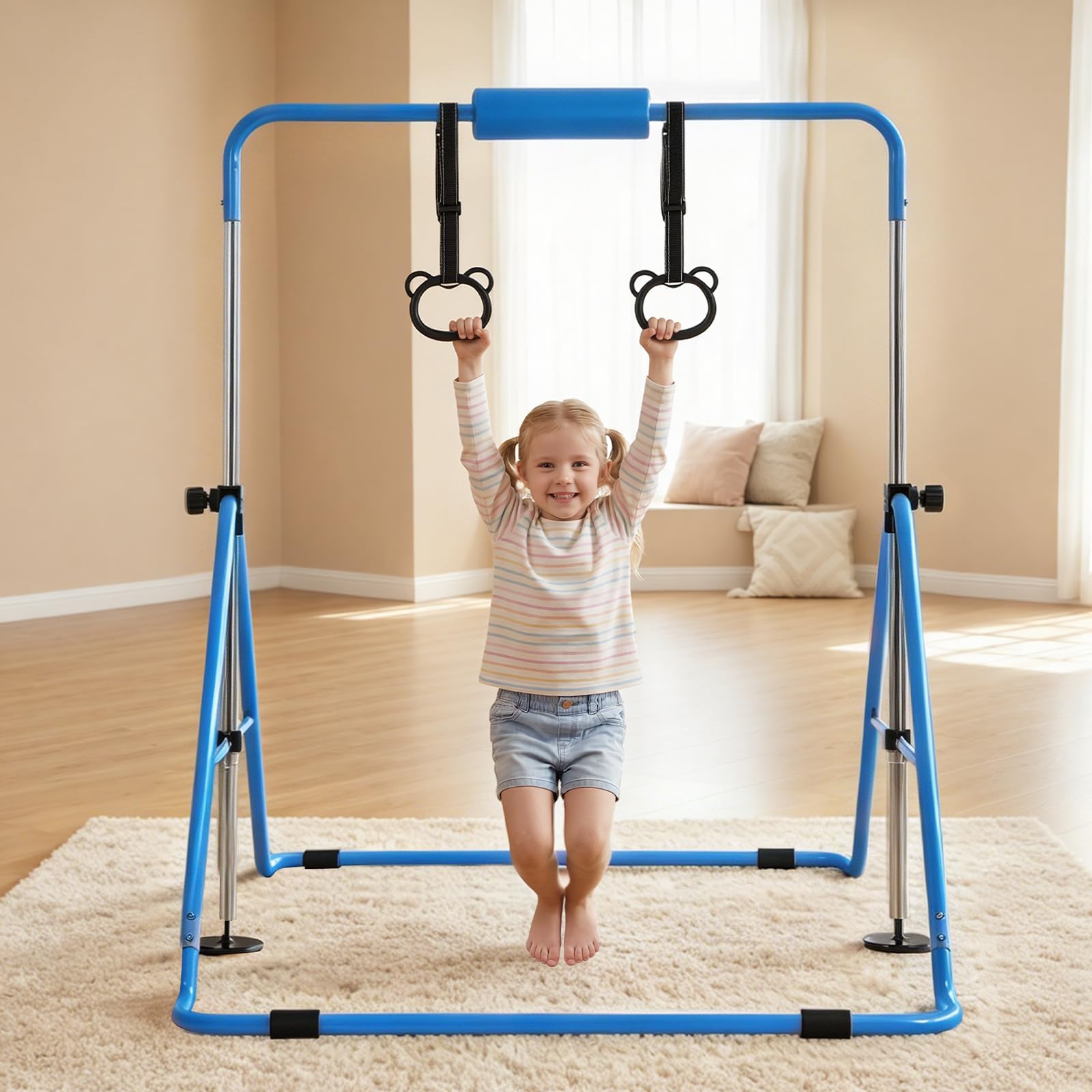 VEVOR Barra de Gimnasia Plegable Capacidad de 63,5 kg, Barra Horizontal Altura Ajustable de 5 Niveles 914 a 1321 mm, Equipo de Entrenamiento en Casa, Estructura Estable, 150 x 108 x 135 cm, Azul