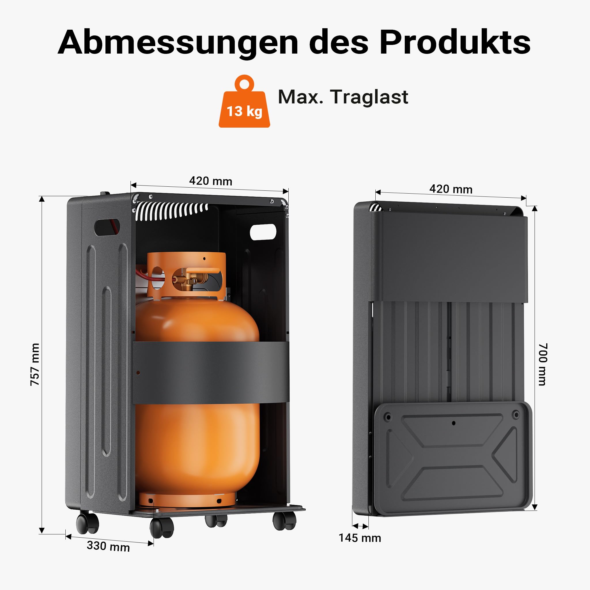 Wiltec mobile Gasheizung 4,2 kW, Gasheizstrahler 42 x 45 x 75,7 cm, Heizstrahler Innenraum mit Kippschutz, ODS und Rollen, Gasheizer kompatibel mit 13 kg Gasflasche