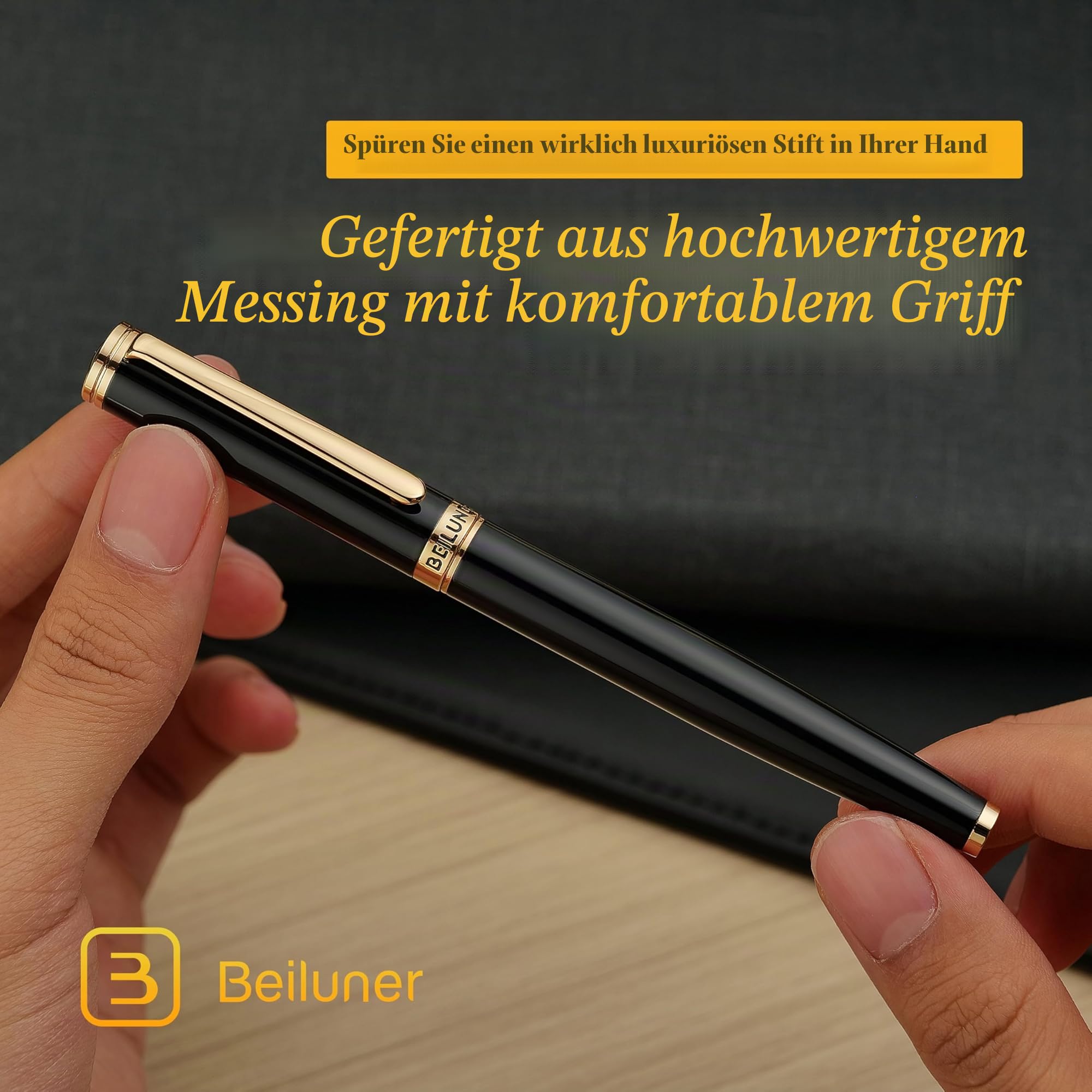 BEILUNER Füllfederhalter Schwarz, luxuriöser Schreibgerät mit 24K Gold-Akzenten & vergoldeter Feder (Fein), elegantes und zuverlässiges Geschenkset inkl. Konverter für Damen und Herren