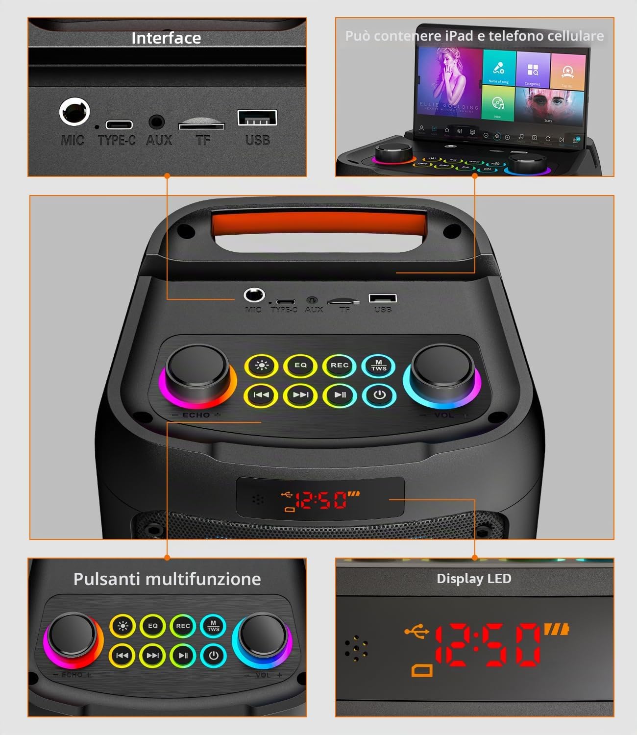 Macchina per Karaoke per, altoparlante Bluetooth Portatile con 2 Microfoni Wireless Sistema PA con luci da discoteca, ideale per grandi feste all'aperto, con supporto USB/TF/REC/AUX