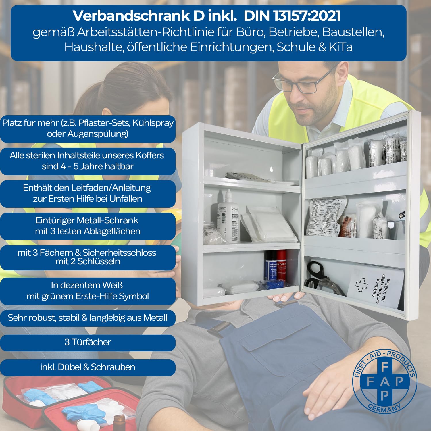 First Aid Products Verbandschrank D – inkl. DIN 13157:2021 Füllung – Medizinschrank Metall mit Gummidichtung, 3 Ablagefächer + 3 Türfächer - robust & staubgeschützt - 48,5 x 40 x 20 cm