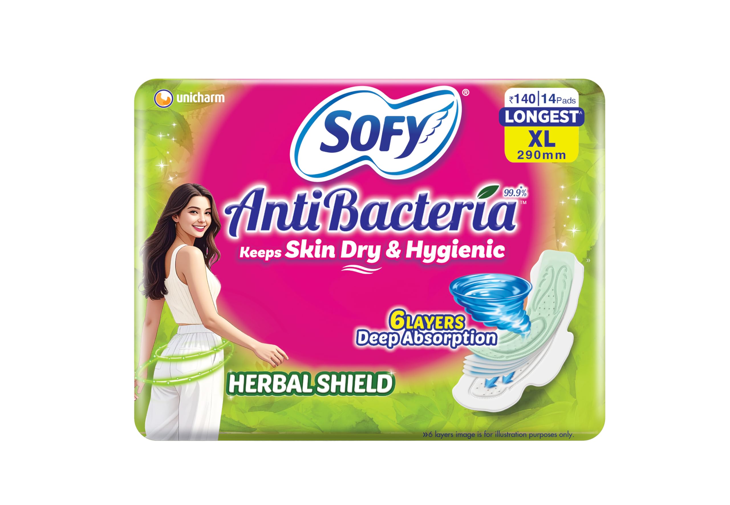 Sofy AntiBacteria XL - 290mm | 14 Pads | For Women | Sanitary Pads | Keep Skin Dry | 6 Layer Deep Absorption | Herbal Shield | Hygiene & Herbs | X-Large