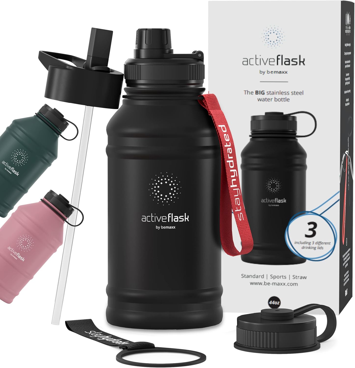 Botella agua acero inoxidable Active Flask + pajita (3 tapas) | Garrafa deportiva grande de 1,3-2,2 litros sin BPA y a prueba de fugas, Frasco de agua XL para deportes al aire libre Cantimplora 1l 2l