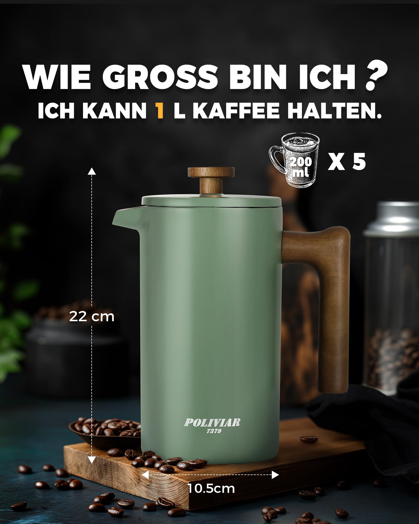Poliviar French Press Kaffeebereiter 1 Liter/8 Tassen, Doppelwandige Isolierte Kaffeekanne und Teebereiter, Handfilter Kaffeepresse mit Plunger & Griff aus Holz, Flatland (Grün) JX2020-FPN-DE