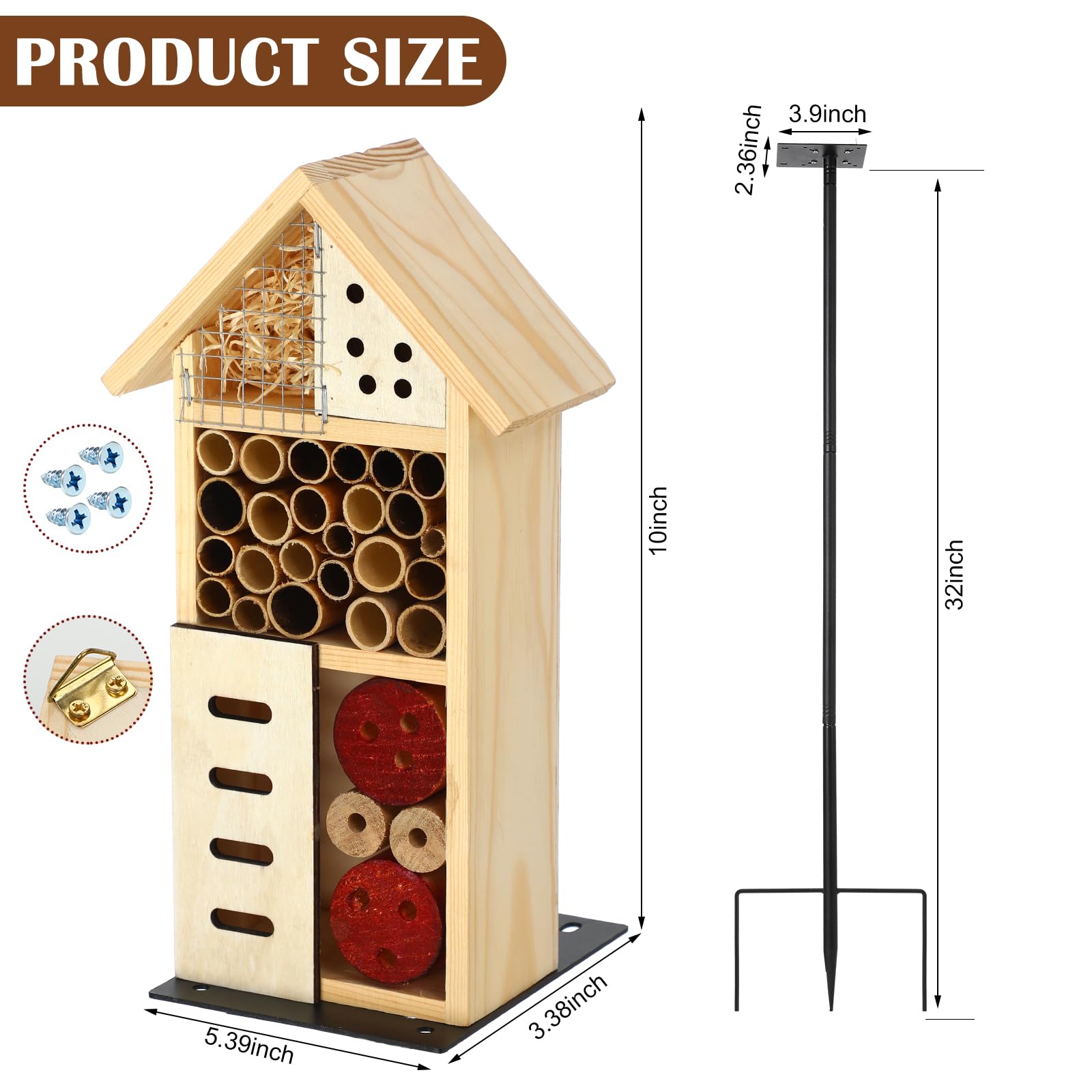 Novabright Casa per insetti in legno con paletto in metallo, per hotel, api, habitat naturale, per api, farfalle, coccinelle, insetti utili, giardino, cortile
