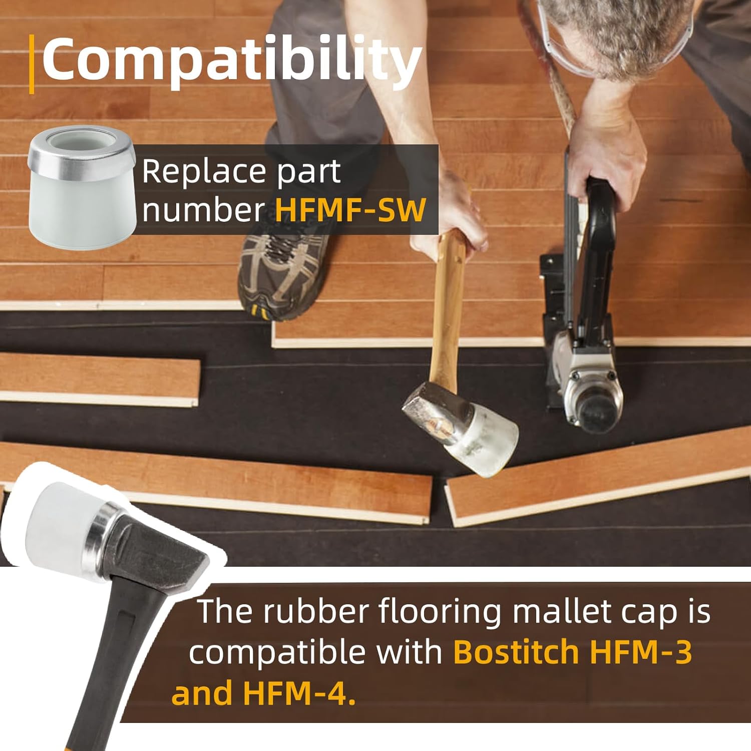 2-Pack White Rubber Mallet Face Replacement for HFMF-SW Compatible with Bostitch HFM-3 & HFM-4, Non-Marring for Unfinished/Pre-Finished Hardwood Flooring